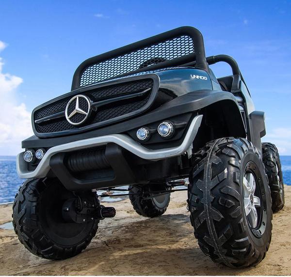 nagyméretű elektromos kétszemélyes mercedes unimog terepjáró gyerekeknek